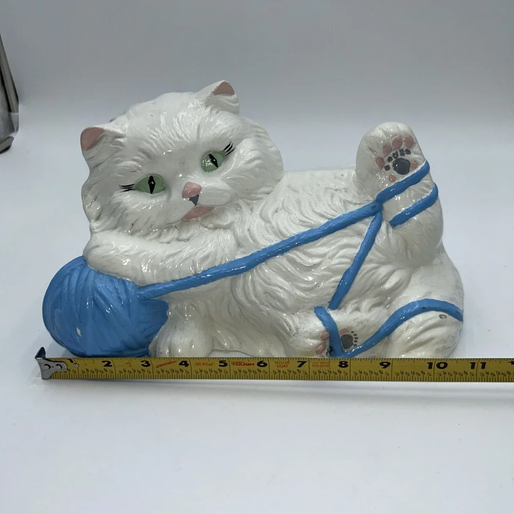 Vintage White Persian Ceramic Cat Statue Kitty Figurine Green Eyes, Playing Yarn